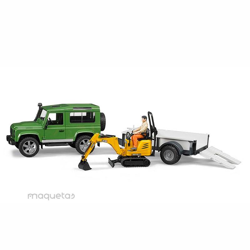 Todoterreno Land Rover Defender con carro, JCB 8010 CTS y maquinista - Miniatura 1:16 - Bruder 02593