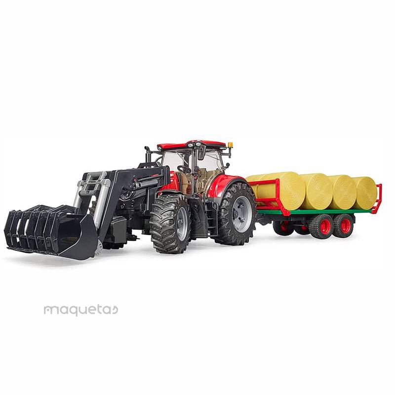 Tractor Case IH Optum 300CVX con pala y remolque de transporte de pacas - Miniatura 1:16 - Bruder 03198
